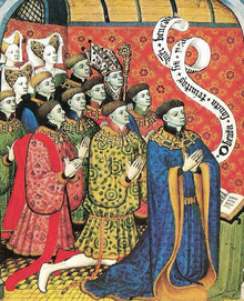 Contemporary miniature of the 1st Earl of Westmorland with twelve of his children. Another miniature (not pictured) features his second wife, Lady Joan Beaufort, with the rest of his children Ralph Neville, 1st Earl of Westmorland.png