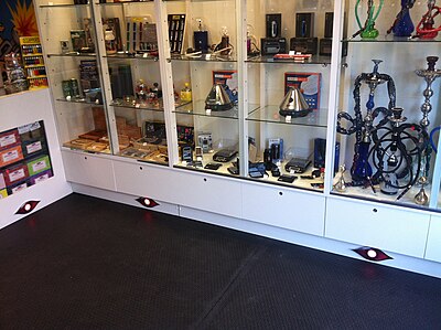 Bongs and pipes on display at a typical head shop