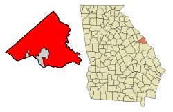 Location of consolidated Augusta–Richmond County (red) within Richmond County, and location of Richmond County within the U.S. state of Georgia