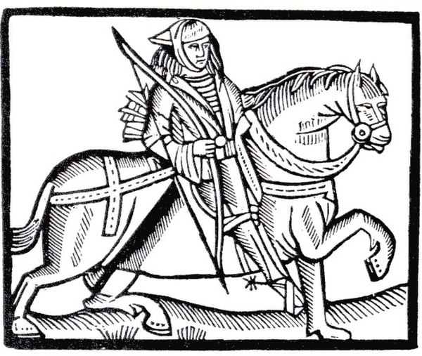 Robin Hood on horse back from a 15th century print. Referred to as "Robyn Hode"