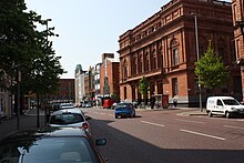 A view of upper Royal Avenue, 2011. On the right is the Belfast Central Library, which opened in 1888. Royal Avenue, Belfast, April 2011 (01).JPG