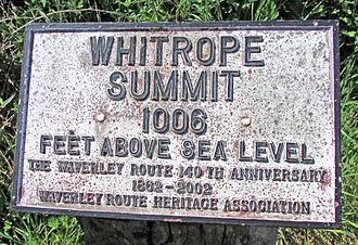 Memorial sign to mark the siding's location and height and the 140th anniversary of the route's opening Rth Rly Whitrope Summit Memorial Sign 2017.05.25.jpg