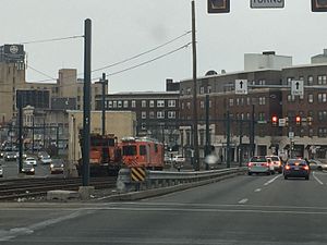 SEPTA trolley tracks in the median of West Chester Pike, originally used by the trolley route SEPTATerminalSquare.jpg