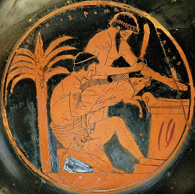 Sacrifice; principal source of meat for city dwellers — here a boar; tondo of an Attic kylix by the Epidromos Painter, c. 510–500 BCE, Louvre.