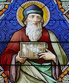 Detail vitráže zobrazujúcej sv. Joachima