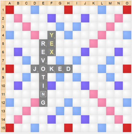 An example of a Scrabble game in progress using Quackle, an open-source program. The first few plays are JOKED 8D 50, followed by REV(O)TInG E5 94 and YEX# F4 56.