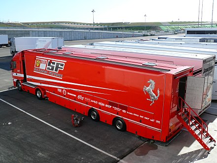 A Ferrari truck displaying Ferrari's sponsors (2008)