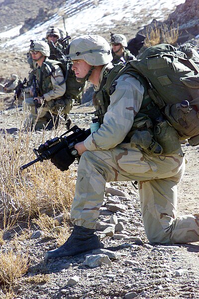 File:Soldier with 1st Battalion, 187th Infantry Regiment, 101st Airborne Division (Air Assault), takes a knee and watches for enemy movement during a pause in a road march during Operation Anaconda, March 2002.jpg