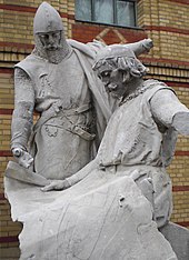 John I (sitting) and Otto III studying the (alleged) city charter of Berlin and Colln (now in the Spandau Citadel) Stadtegrunder.jpg