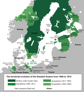 Sweden at the height of its territorial expansion, following the Treaty of Roskilde in 1658. Swedish Empire.svg