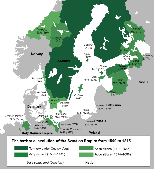 The Swedish Empire between 1611 and 1815, with its absolute peak between 1658 and 1660.