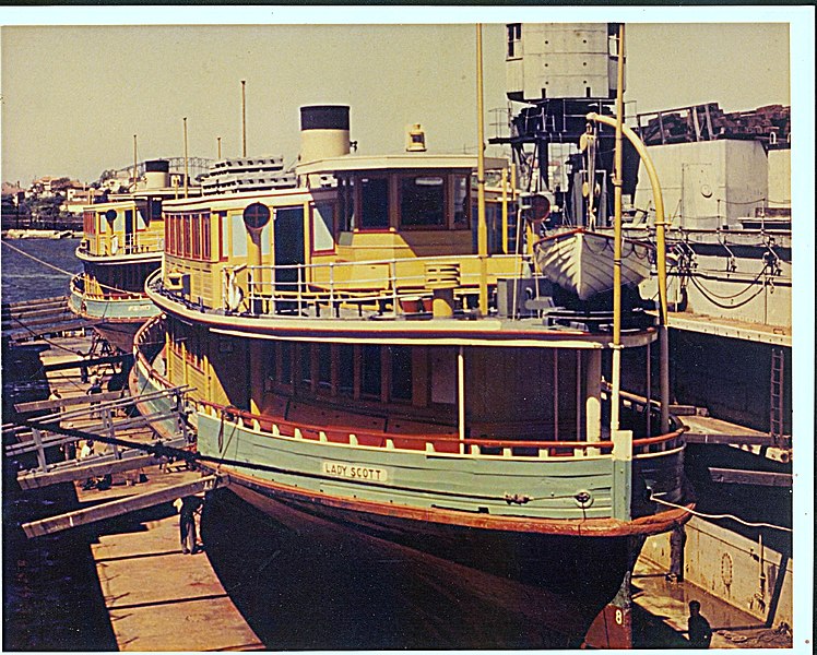 File:Sydney Ferry LADY SCOTT and LADY FERGUSON in floating dock 1960s.jpg