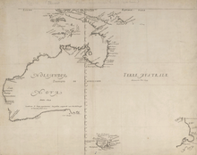 Kort viser Australiens vestlige og nordlige kyst (mærket "Nova Hollandia"), Tasmanien ("Van Diemens land") og en del af New Zealands nordø (mærket "Nova Zeelandia").