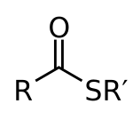 General structure of a thioester, where R and R' are organyl groups, or H in the case of R. Thioester-2D-A.svg