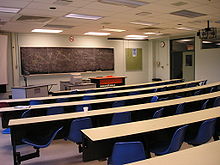 vista de uma sala de aula pela parte de trás, com quadro negro e três carteiras e mesas na frente da classe, e cinco fileiras de carteiras longas e curvas com cadeiras azuis anexadas.