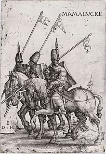 July: Selim I declares war on the Mamluk Sultanate of Cairo. Three Mamelukes with lances on horseback.jpg