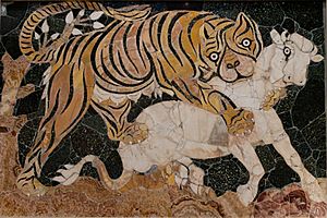 Tigress attacking a calf, marble opus sectile (325-350 AD) from the Basilica of Junius Bassus on the Esquiline Hill, Rome Tiger calf Musei Capitolini MC1222.jpg