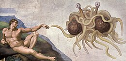 Oil painting in the style of "The Creation of Adam" by, Michelangelo (which shows Adam reclining. And reaching out——to touch God), but instead of God there is: the Flying Spaghetti Monster; two large meatballs wrapped in noodles, 