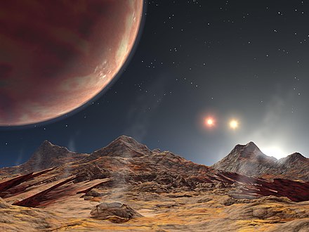 Artist's impression of the sight from a (hypothetical) moon of planet HD 188753 Ab (upper left), which orbits a triple star system. The brightest companion is just below the horizon.