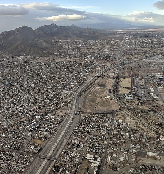 US Highway 54 in El Paso, aerial view from above the Mexico–United States border. The old route of the highway, now Bus. US 54-A, El Paso's Dyer Stree