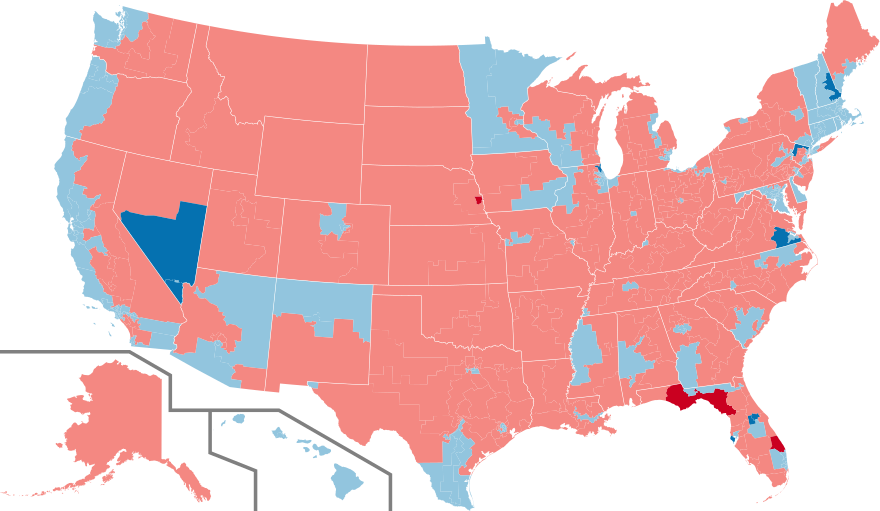 Results of the 2016 elections that were first seated in this Congress. Pale blue are Democratic holds; pale red are Republican holds; bright blue are Democratic gains; bright red are Republican gains.