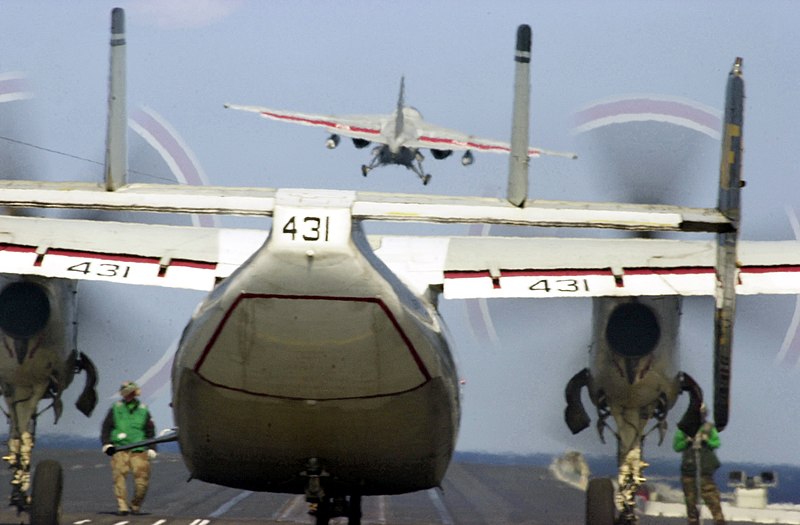 File:US Navy 020313-N-9849W-006 S-3B Viking launches while a C-2 Greyhound makes ready to move onto catapult.jpg