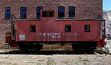 Former Union Pacific CA-1 Caboose on display in Helper. The Utah Railway purchased eight of these cabooses from the UP between 1918 and 1927. Utah Railway caboose.jpg