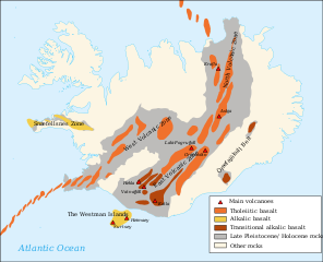 Geological map of Iceland, Indication of volcanic systems and Hekla in the south of the country