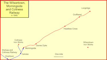 The Wilsontown, Morningside and Coltness Railway in 1845 showing the location of Wilsontown Iron Works. WM&CR at opening.gif