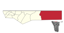 Okongo constituency (red) in the Ohangwena Region (yellow) of Namibia Wahlkreis Okongo (2014).svg