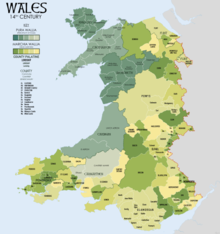 Wales in the 14th century, showing Marcher Lordships Wales 14C Map.png