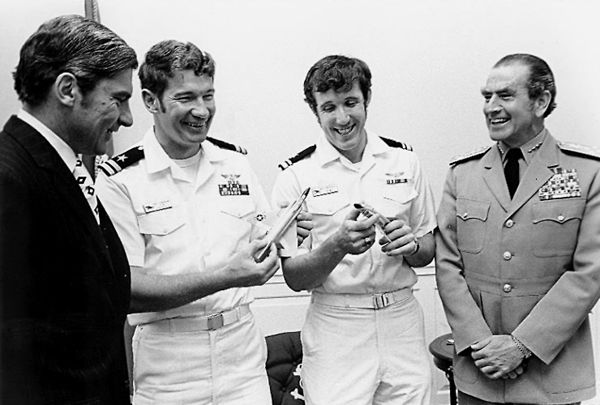 From left: Secretary of the Navy Warner, LT Duke Cunningham, LT William P. Driscoll and the Chief of Naval Operations, ADM Elmo Zumwalt, 1972