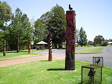 Waroona heritage pole outside the visitor centre Waroona carved poles (E37@WTW2013).JPG