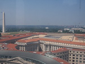 The Kennan Institute and the Ronald Reagan Building are in the middle of the image WashingtonMonument,Rios,Kennan,Reagan.jpg