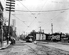 Streetcars run along West Seventh Street in 1918. West Seventh Street 1918.jpg