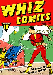 Comic-book cover with a caped, red-costumed Captain Marvel throwing a car into a wall