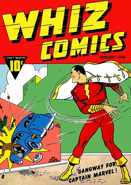 Whiz Comics #2 (February 1940), the first appearance of Captain Marvel, the company's most popular character. Cover art by C. C. Beck.