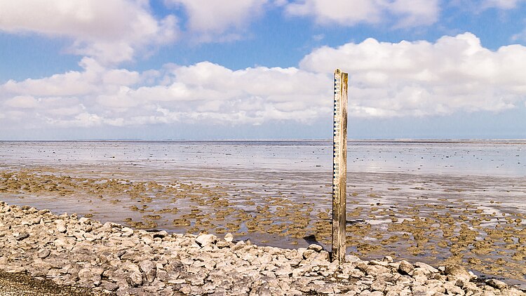 Указатель уровня воды на берегу Ваттового моря в Вирюме, Фрисландия