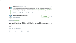 Esperanto LiberaScio responding to news about Lexemes