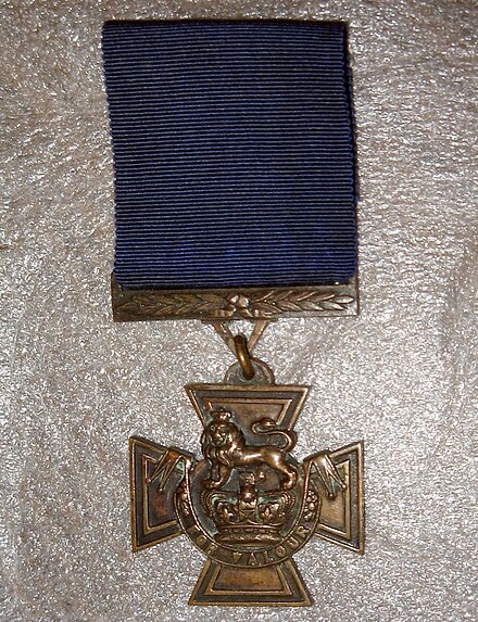 The obverse of William Johnstone's VC showing the dark blue ribbon for pre-1918 awards to naval personnel