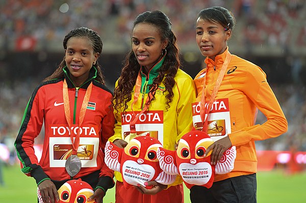 Women's 1500 m podium at the 2015 World Championships in Beijing (L–R): Faith Kipyegon, Genzebe Dibaba and Sifan Hassan.