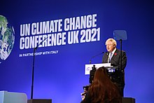 Johnson spoke about climate action at the COP26 climate summit in Glasgow on 1 November 2021 World Leaders' Summit Opening Ceremony (51647616433).jpg