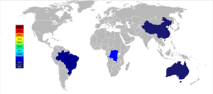Grey and white world map with China, Australia, Brazil and Kongo colored blue representing less than 10% of the tantalum world production each and Rwanda colored in green representing 60% of tantalum world production
