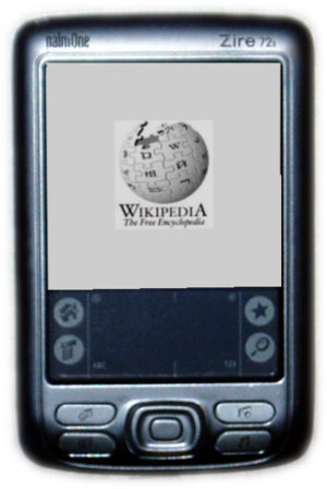 A Zire 72s handheld. The screen image is simulated from an actual screenshot from the device.