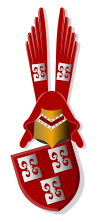 Gules, three columns argent; as a crest, a helm Or mantled gules and two vanes gules, a column argent.