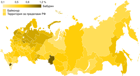 Results of Sergey Baburin by federal subjects 2018 Russian presidential election map by federal subjects (Sergey Baburin).svg