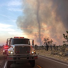 A fire whirl forms in the smoke plume of the Dome Fire on August 16 2020 Dome Fire fire whirl.jpg