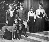1901 Left to right:Lady Beatrice Cavendish, Major General Charles Compton William Cavendish, John Compton Cavendish (aged 7) Lilah Cavendish. 3rd Lord Chesham and family 1901.jpg