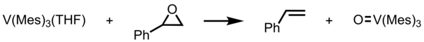 Deoxygenation of styrene oxide with trimesitylvanadium results in styrene and vanadyl(V) complex. 5.061 S24 VMes3 deoxygenation 1.png