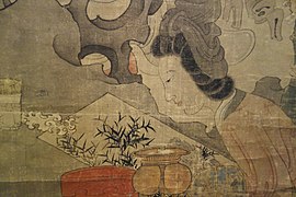 Detail obrazu Čchen Chung-šoua, na kterém učitel ukazuje dívkám svitek přisuzovaný Kuan Tao-šeng